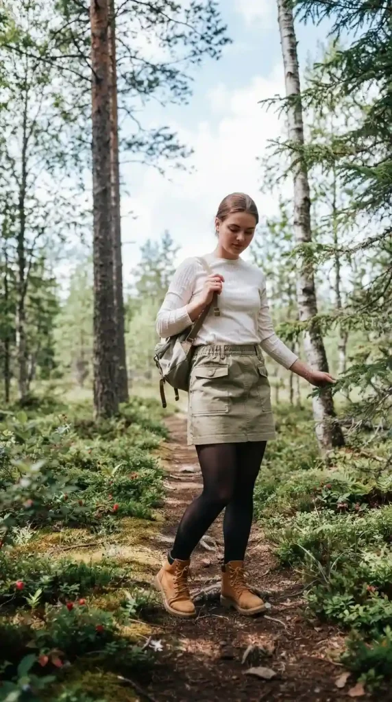 Cream-Ribbed-Long-Sleeves-Top-With-Khaki-Utility-Skirt-Black-Tights. Cream Ribbed Long Sleeves Top With Khaki Utility Skirt & Black Tights