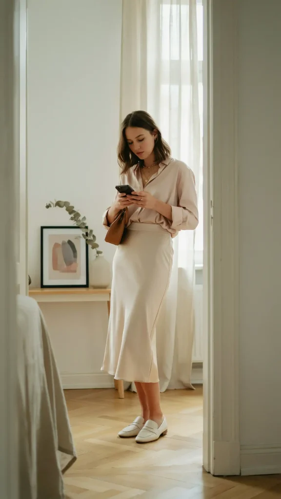 Cream-Satin-Midi-Skirt-Paired-With-Silk-Blouse-Gold-Jewelry Cream Satin Midi Skirt Paired With Silk Blouse & Gold Jewelry