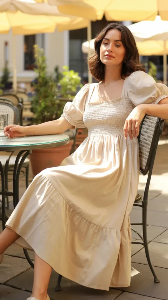 Cream-Smocked-Dress-Cafe-Style Cream Smocked Dress Café Style