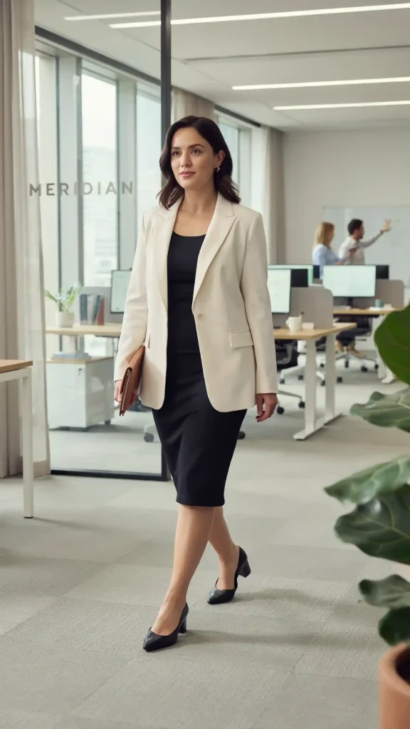 Cream Structured Blazer with Black Sheath Dress