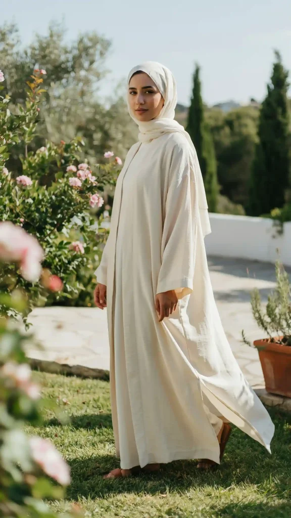 Cream-White-Linen-Abaya-With-Elegant-Soft-Draped-Hijab Cream White Linen Abaya With Elegant Soft Draped Hijab