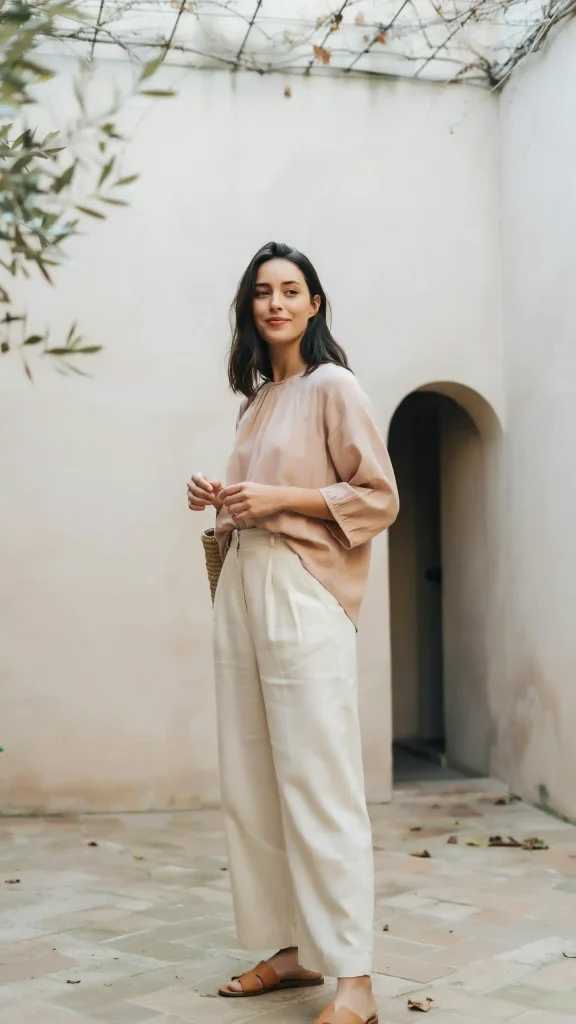 Cream-Wide-Leg-Linen-Pants-With-Blush-Blouse. Cream Wide-Leg Linen Pants With Blush Blouse
