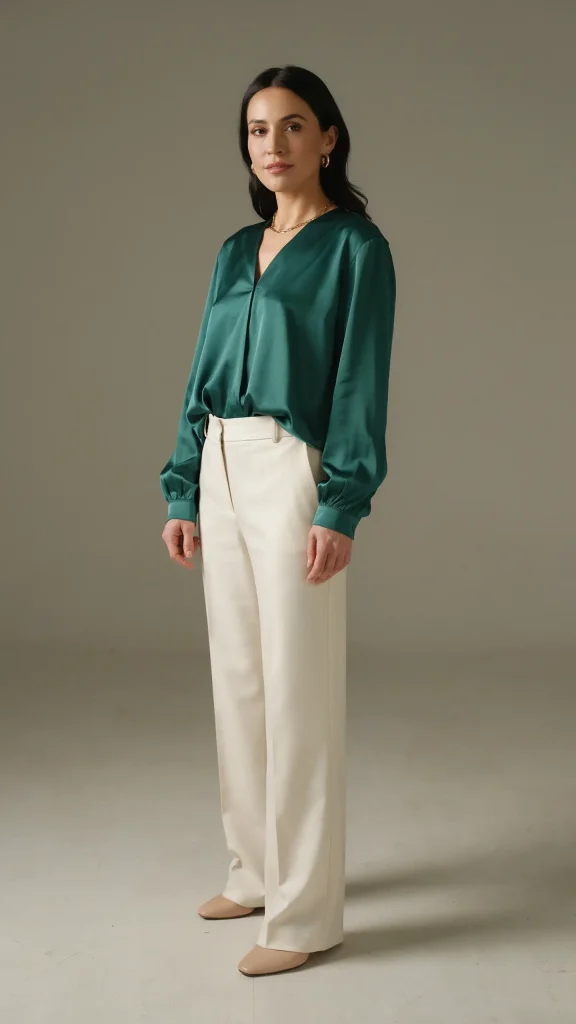Cream-Wide-Leg-Pants-With-Jewel-Tone-Satin-Top Cream Wide Leg Pants With Jewel Tone Satin Top