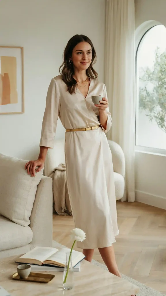 Cream-Wrap-Dress-with-Gold-Belt-Chic-Minimal-Summer-Style Cream Wrap Dress with Gold Belt Chic Minimal Summer Style