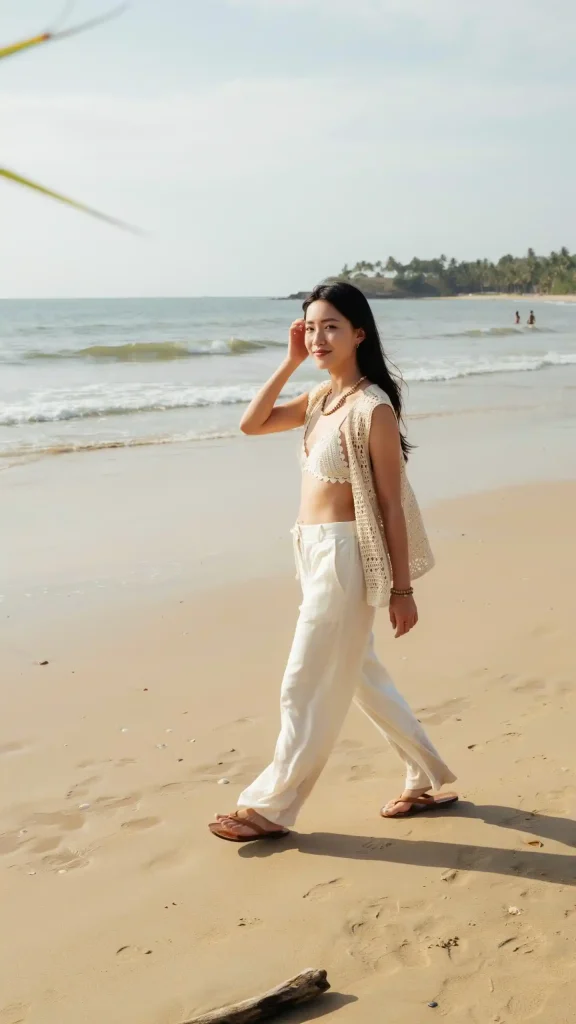 Crochet-Cream-Cover-Up-Over-A-White-Bikini-Top-and-White-Linen-Pants-Outfit Crochet Cream Cover-Up Over A White Bikini Top and White Linen Pants