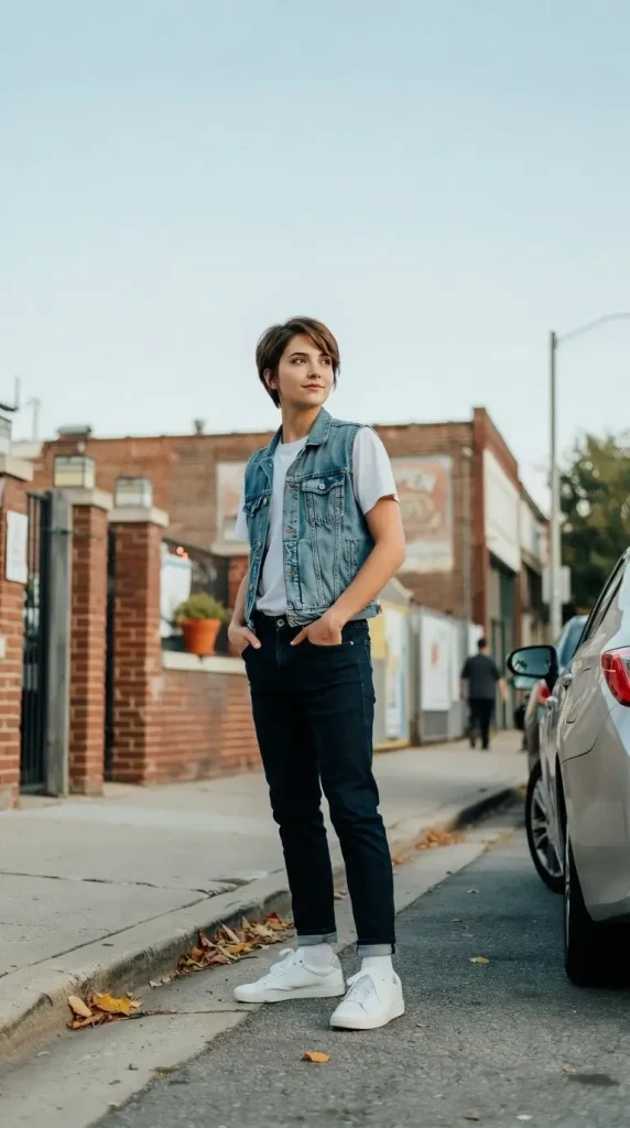 Cropped-Denim-Vest-With-White-T-Shirt-Underneath-Slim-Jeans Cropped Denim Vest With White T-Shirt Underneath & Slim Jeans