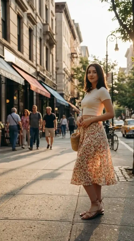 Cute-Floral-Midi-Skirt-With-White-Crop-Top-Outfit Cute Floral Midi Skirt With White Crop Top Outfit