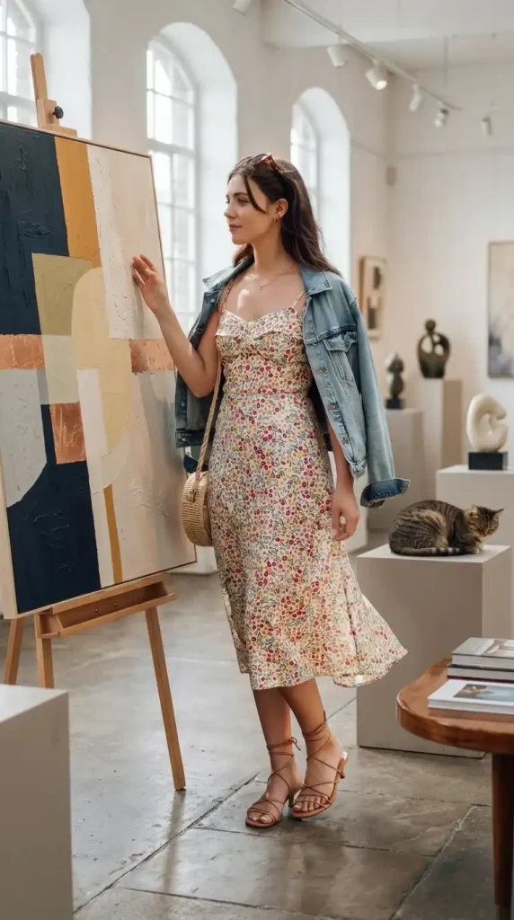 Cute-Floral-Sundress-With-Straps-Denim-Jacket-Outfit Cute Floral Sundress With Straps & Denim Jacket Outfit