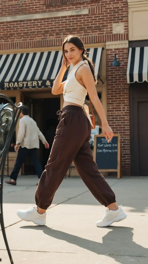 Dark-Brown-Parachute-Pants-With-Creamy-White-Cropped-Halter-Top Dark Brown Parachute Pants With Creamy White Cropped Halter Top