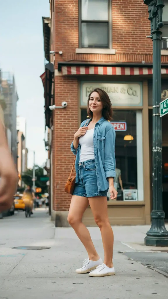 Dark-Denim-Shorts-On-Light-Denim-Shirt-With-White-Top Dark Denim Shorts On Light Denim Shirt With White Top
