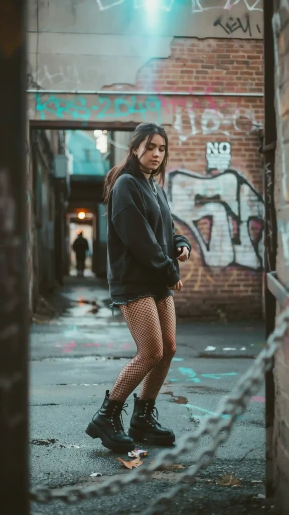 Dark-Gray-Hoodie-with-Black-Distressed-Denim-Shorts-Fishnet-Tights-and-Platform-Boots Dark Gray Hoodie with Black Distressed Denim Shorts, Fishnet Tights, and Platform Boots