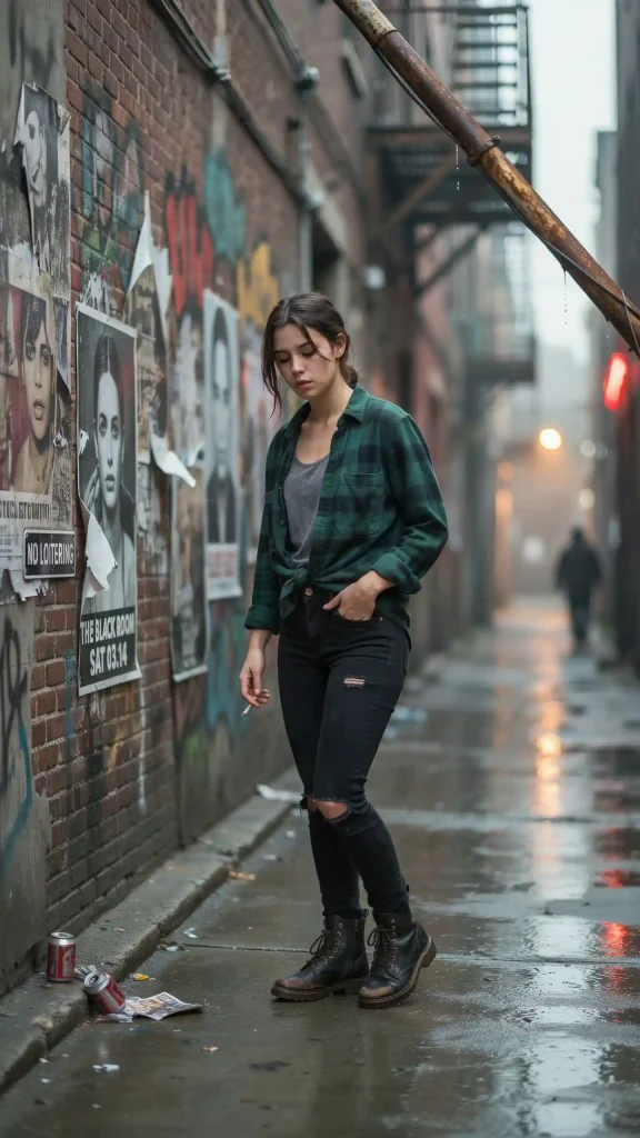 Dark-Green-Flannel-Shirt-with-Black-Ripped-Mom-Jeans-and-Black-Lace-Up-Boots Dark Green Flannel Shirt with Black Ripped Mom Jeans and Black Lace-Up Boots