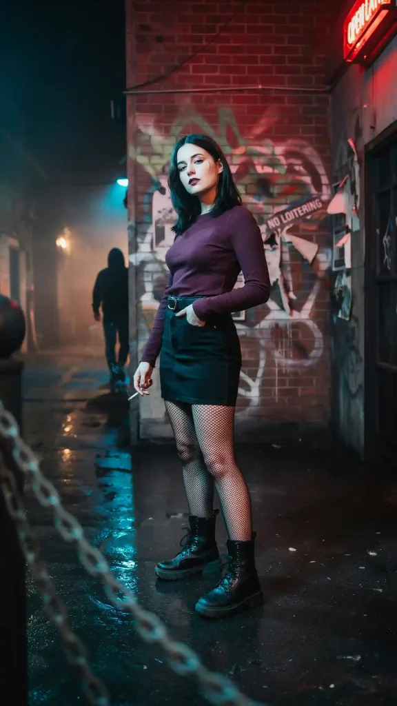 Dark Plum Long-Sleeve Top with Black Denim Skirt and Fishnet Tights