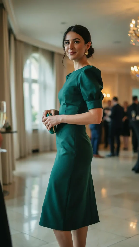 Deep-Emerald-Green-Structured-Midi-Dress-With-Puff-Sleeves Deep Emerald Green Structured Midi Dress With Puff Sleeves