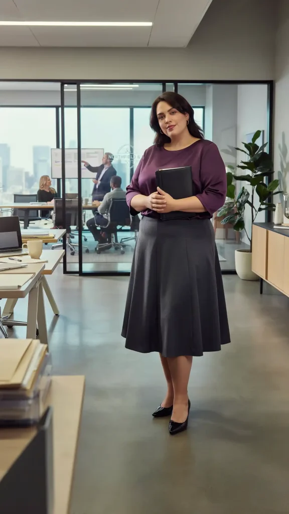 Deep-Purple-Blouse-with-Gray-A-Line-Skirt-Outfit Deep Purple Blouse with Gray A-Line Skirt Outfit
