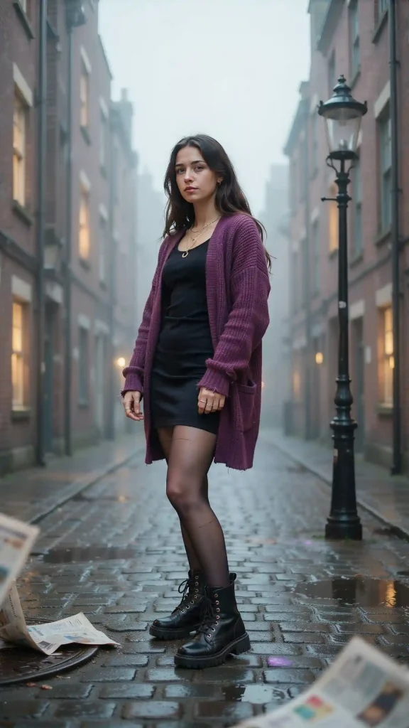 Deep Purple Oversized Cardigan with Black Mini Dress and Combat Boots