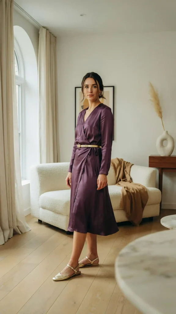 Deep-Purple-Wrap-Dress-with-Gold-Belt-and-Flat-Gold-Sandals Deep Purple Wrap Dress with Gold Belt and Flat Gold Sandals