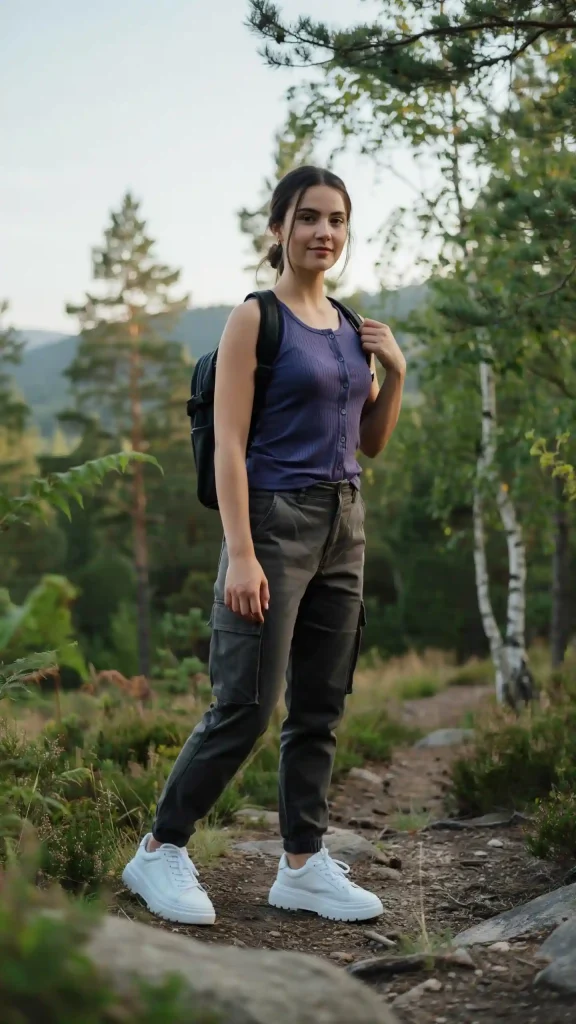 Deep-Twilight-Button-Tank-Top-with-Charcoal-Cargo-Pants-Style Deep Twilight Button Tank Top with Charcoal Cargo Pants Style