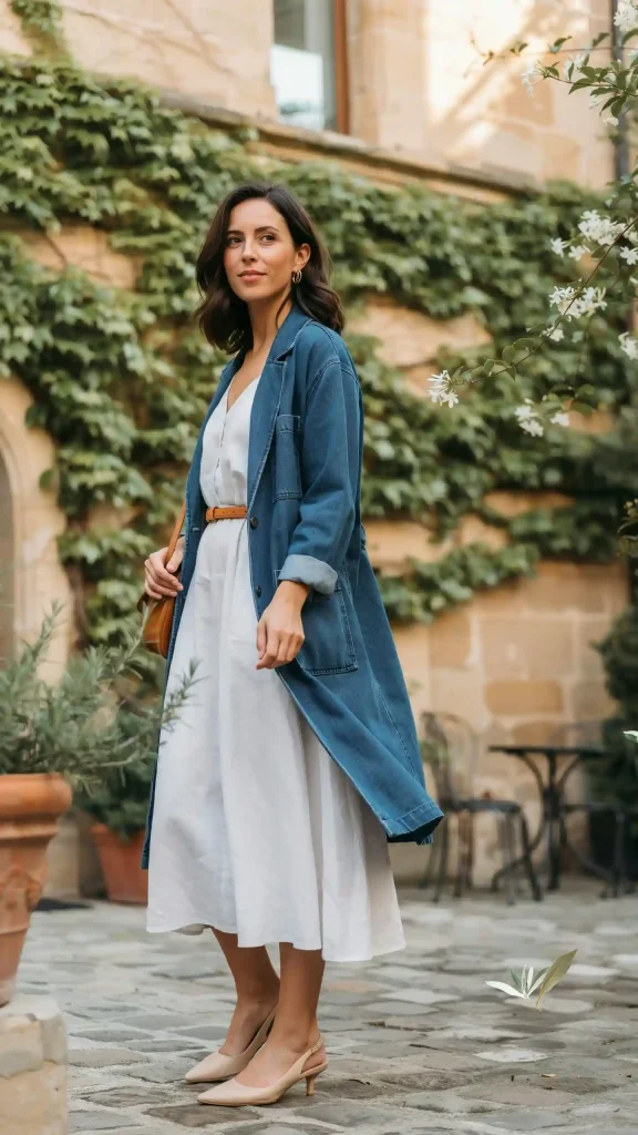 Denim-Blazer-Layered-Over-White-Linen-Dress-Outfit-Idea Denim Blazer Layered Over White Linen Dress Outfit Idea