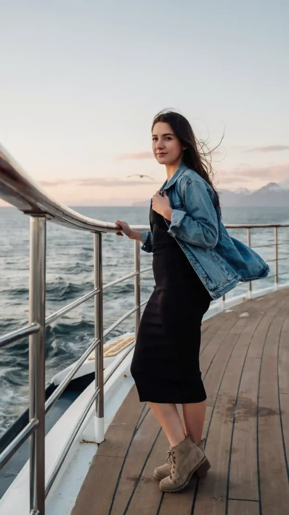 Denim-Jacket-Over-Black-Thermal-Dress-For-Cruise-Evenings Denim Jacket Over Black Thermal Dress For Cruise Evenings