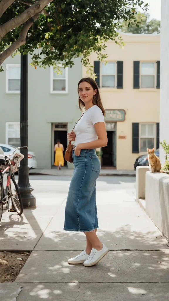 Denim Midi Skirt With A White Tee