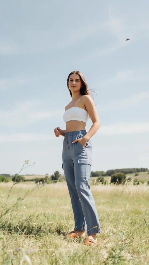 Dusty-Blue-Cargo-Pants-With-White-Bandeau-Crop-Top Dusty Blue Cargo Pants With White Bandeau Crop Top