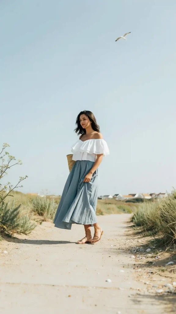 Dusty-Blue-Maxi-Skirt-With-White-Off-Shoulder-Top Dusty Blue Maxi Skirt With White Off-Shoulder Top