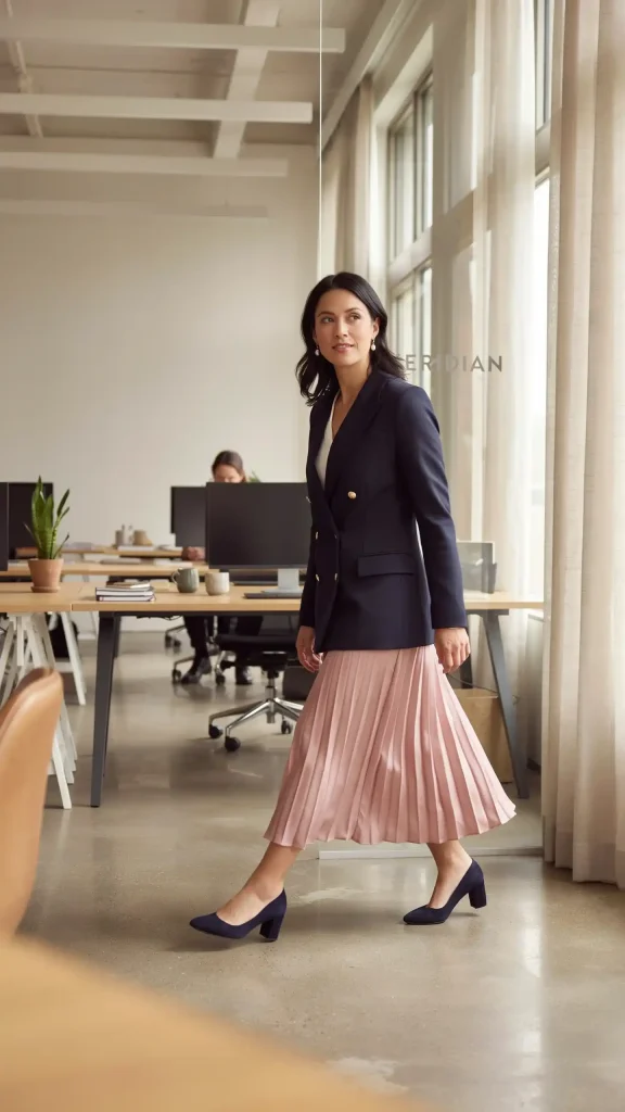 Dusty-Pink-Pleated-Midi-Skirt-With-a-Fitted-Navy-Blazer Dusty Pink Pleated Midi Skirt With a Fitted Navy Blazer