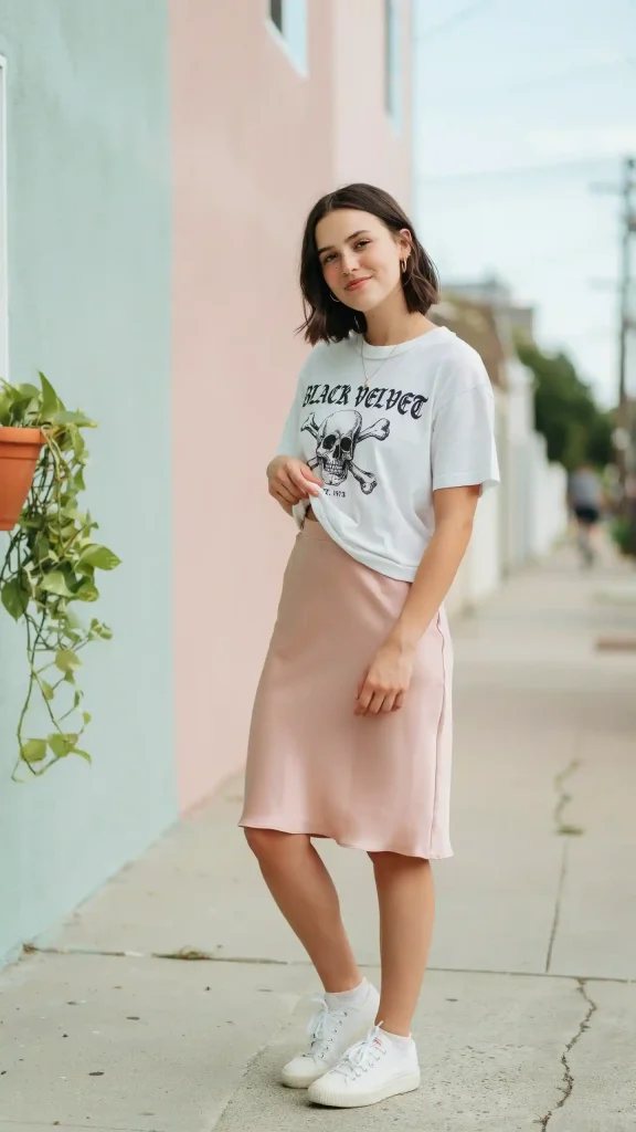 Dusty-Pink-Slip-Skirt-Combined-with-a-White-Graphic-Tee-and-Canvas-Sneakers Dusty Pink Slip Skirt Combined with a White Graphic Tee and Canvas Sneakers