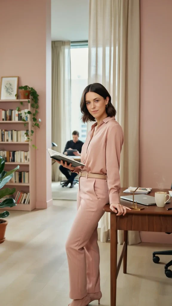 Dusty-Rose-Blouse-Straight-Pants-Set-Soft-Office-Summer-Look Dusty Rose Blouse Straight Pants Set Soft Office Summer Look