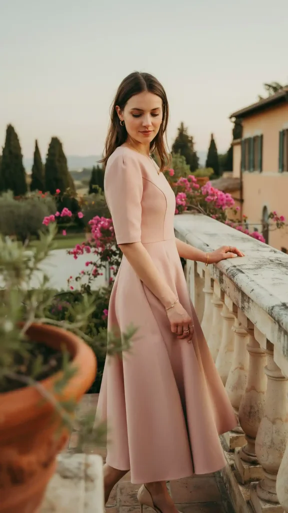 Dusty-Rose-Fit-and-Flare-Midi-Dress-With-Neutral-Heels Dusty Rose Fit-and-Flare Midi Dress With Neutral Heels