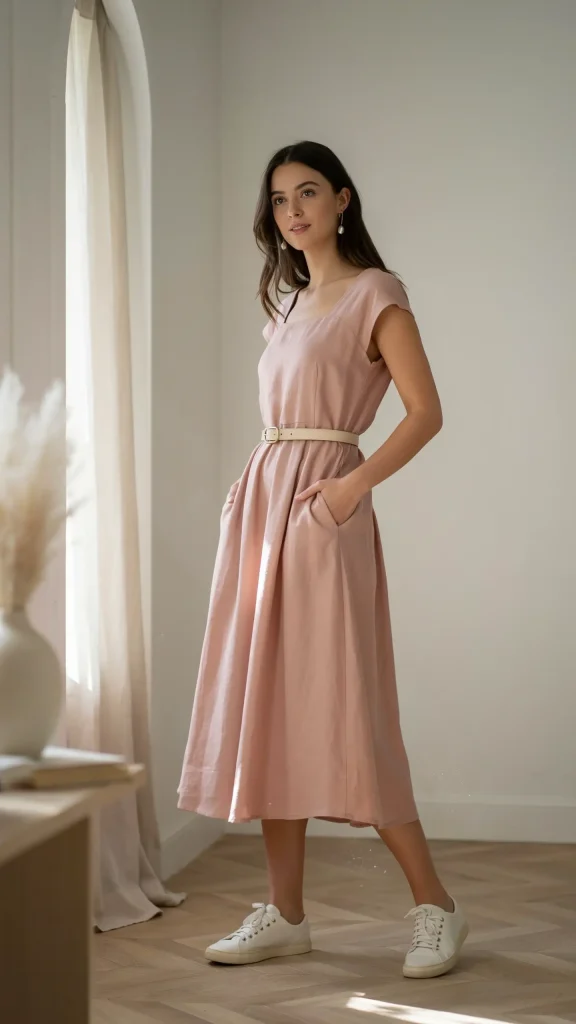 Dusty-Rose-Linen-Dress-With-Delicate-Pearl-Earrings Dusty Rose Linen Dress With Delicate Pearl Earrings