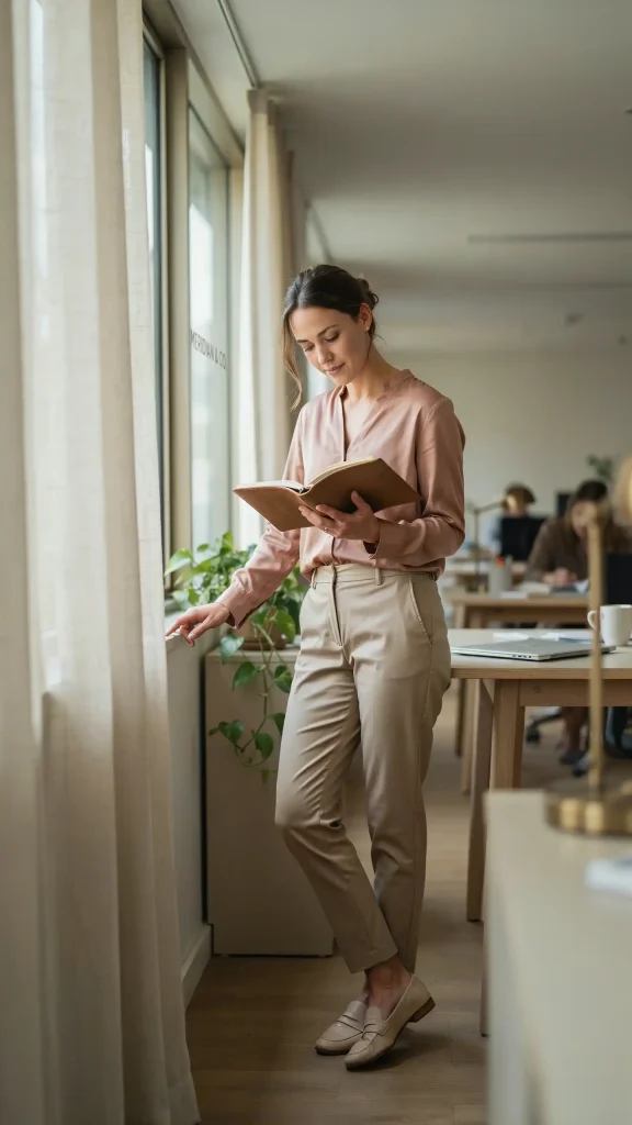 Dusty-Rose-Soft-Color-Blouse-With-Khaki-Tailored-Trousers Dusty Rose Soft Color Blouse With Khaki Tailored Trousers
