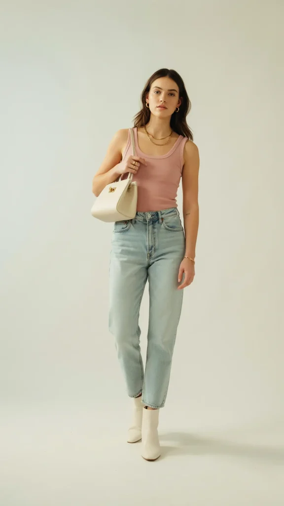 Dusty-Rose-Tank-Top-with-High-Waisted-Light-Wash-Jeans Dusty Rose Tank Top with High-Waisted Light Wash Jeans