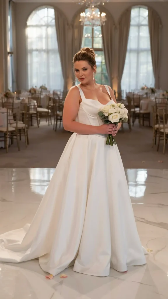 Elegant-Basque-Waist-With-White-Satin-Ball-Gown-and-Flowing-Skirt Elegant Basque Waist With White Satin Ball Gown and Flowing Skirt
