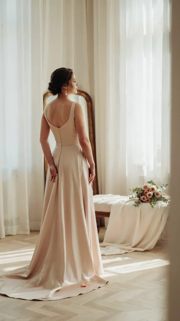 Elegant-Bride-Wearing-Romantic-Blush-Satin-Gown-With-A-Graceful-Low-Back Elegant Bride Wearing Romantic Blush Satin Gown With A Graceful Low Back