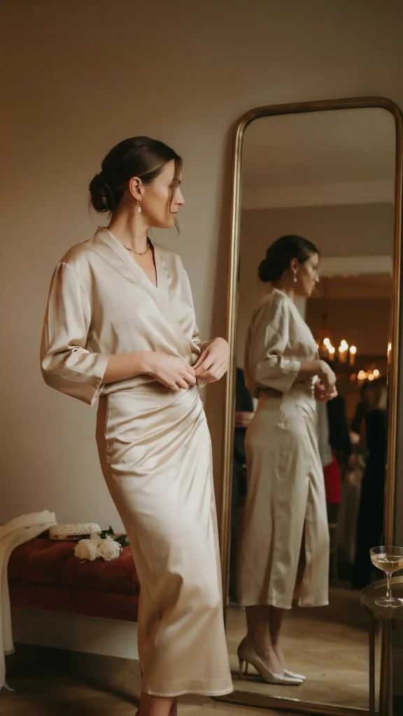 Elegant-Formal-Style-Champagne-Satin-Skirt-with-Silk-Wrap-Blouse Elegant Formal Style Champagne Satin Skirt with Silk Wrap Blouse