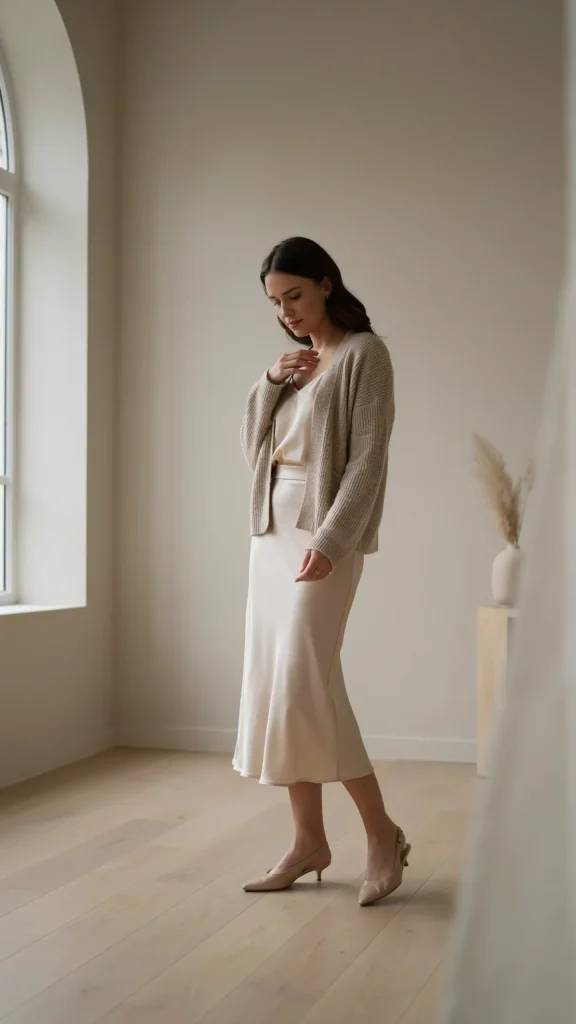 Elegant-Ivory-Satin-Skirt-with-Soft-Beige-Cardigan-In-Monochromatic-Layering Elegant Ivory Satin Skirt with Soft Beige Cardigan In Monochromatic Layering
