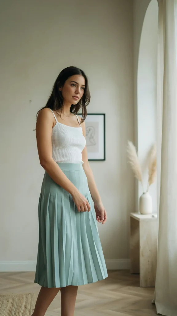 Elegant-Mint-Green-Midi-Skirt-With-White-Camisole Elegant Mint Green Midi Skirt With White Camisole