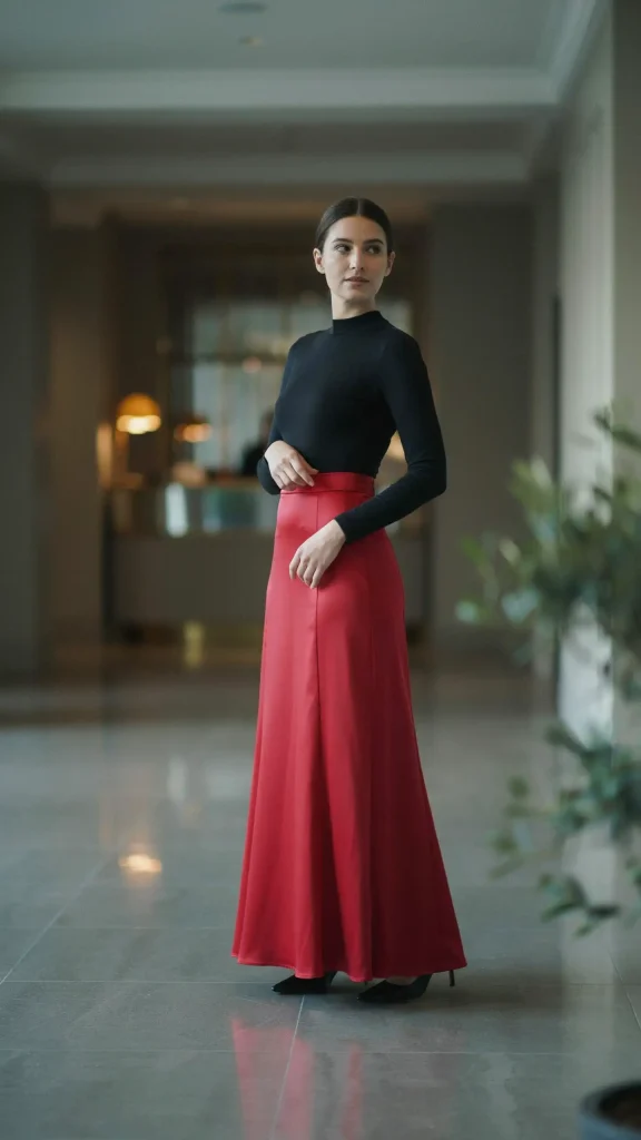 Elegant-Red-Satin-Skirt-with-Black-Fitted-Bodysuit-Evening-Wear Elegant Red Satin Skirt with Black Fitted Bodysuit Evening Wear