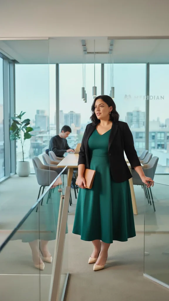 Emerald Green A-Line Dress With Black Blazer