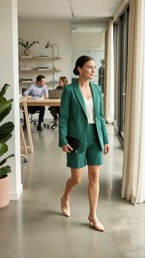Emerald Green Blazer Over a White Camisole With Tailored Shorts