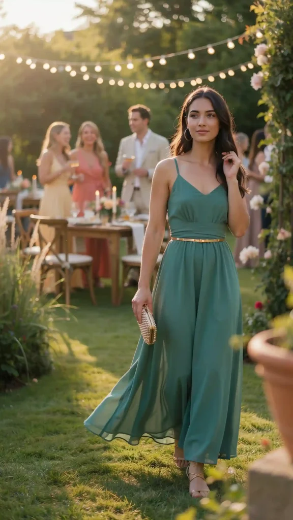 Emerald Green Maxi Dress With Thin Straps & Ruched Waist