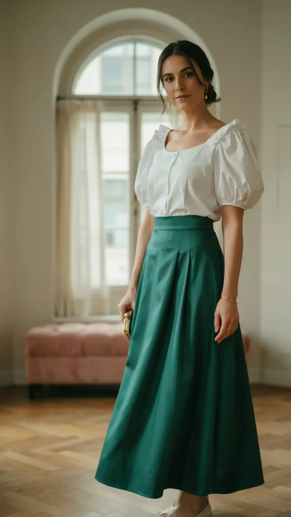Emerald-Green-Satin-Skirt-with-White-Puff-Sleeve-Blouse-Outfit Emerald Green Satin Skirt with White Puff Sleeve Blouse Outfit