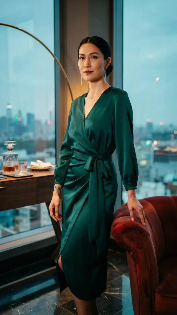 Emerald-Green-Silk-Wrap-Dress-with-Silver-Accessories-Look Emerald Green Silk Wrap Dress with Silver Accessories Look