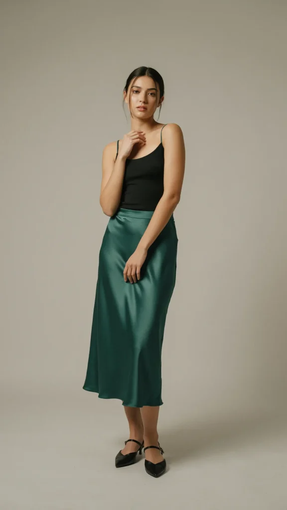 Emerald-Green-Slip-Skirt-Styled-with-a-Black-Sleeveless-Bodysuit-and-Flat-Leather-Sandals Emerald Green Slip Skirt Styled with a Black Sleeveless Bodysuit and Flat Leather Sandals