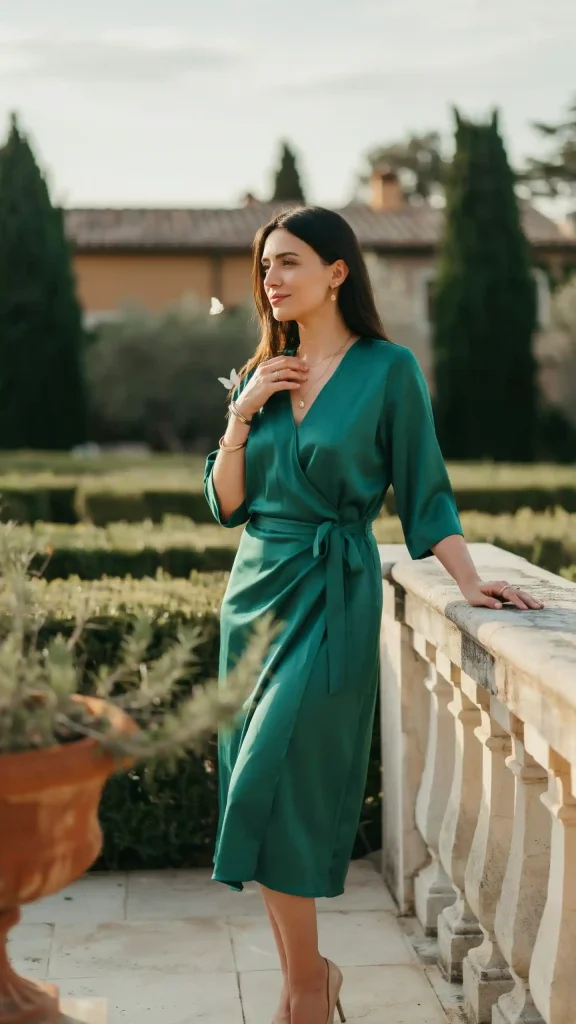 Emerald-Green-Wrap-Dress-With-Gold-Jewellery-Neutral-Heels Emerald Green Wrap Dress With Gold Jewellery & Neutral Heels