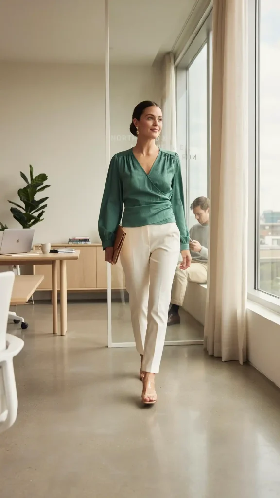 Emerald-Wrap-Top-With-Tailored-Cream-Trousers Emerald Wrap Top With Tailored Cream Trousers
