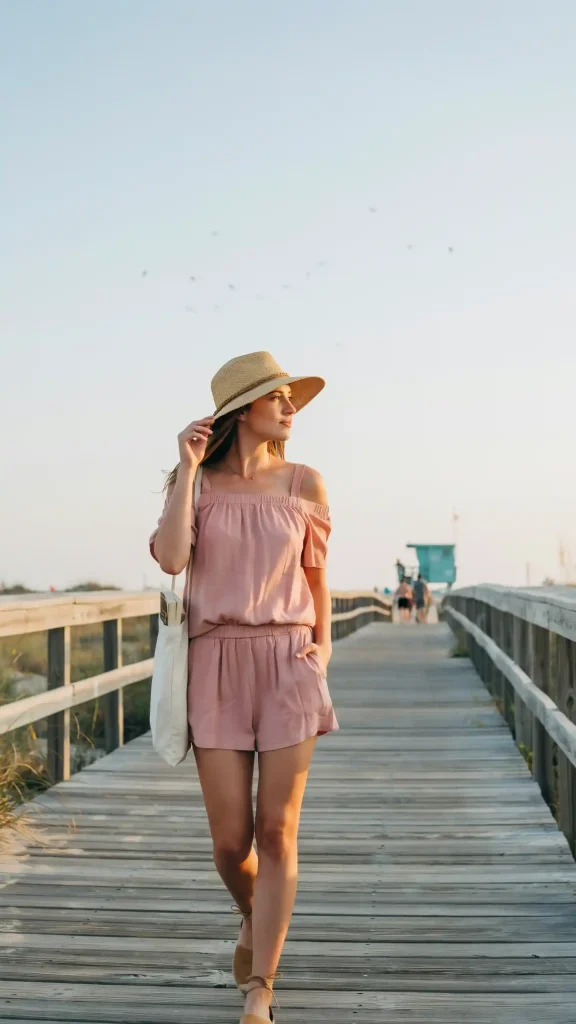 Feminine-Off-Shoulder-Romper-Vacation-Outfit Feminine Off-Shoulder Romper Vacation Outfit