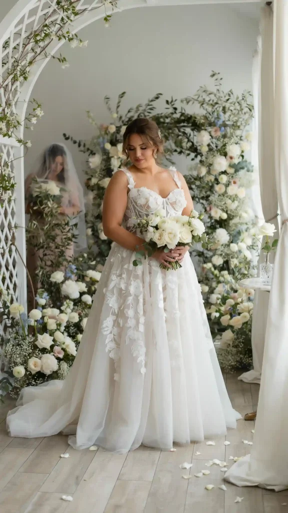 Feminine-White-Rosette-Flower-Detailed-Bodice-With-Full-Tulle-Skirt Feminine White Rosette Flower Detailed Bodice With Full Tulle Skirt